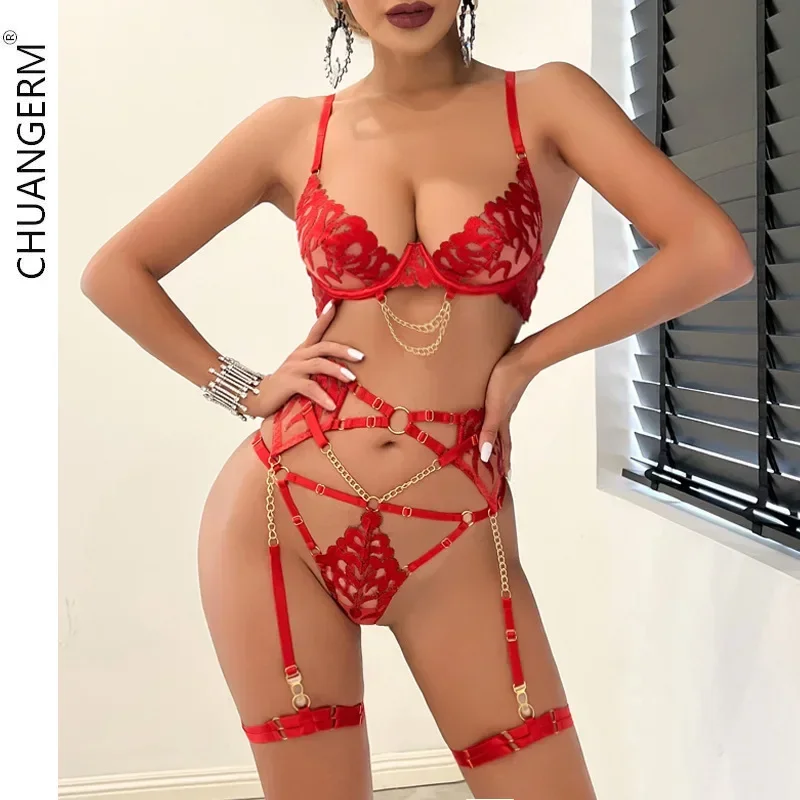 

CHUANGERM Hot Fine Embroidery Sexy Erotic Lingerie Offer Bra Cutout Ribbon Four Piece Set Women's Intimates Underwear Onlyfans