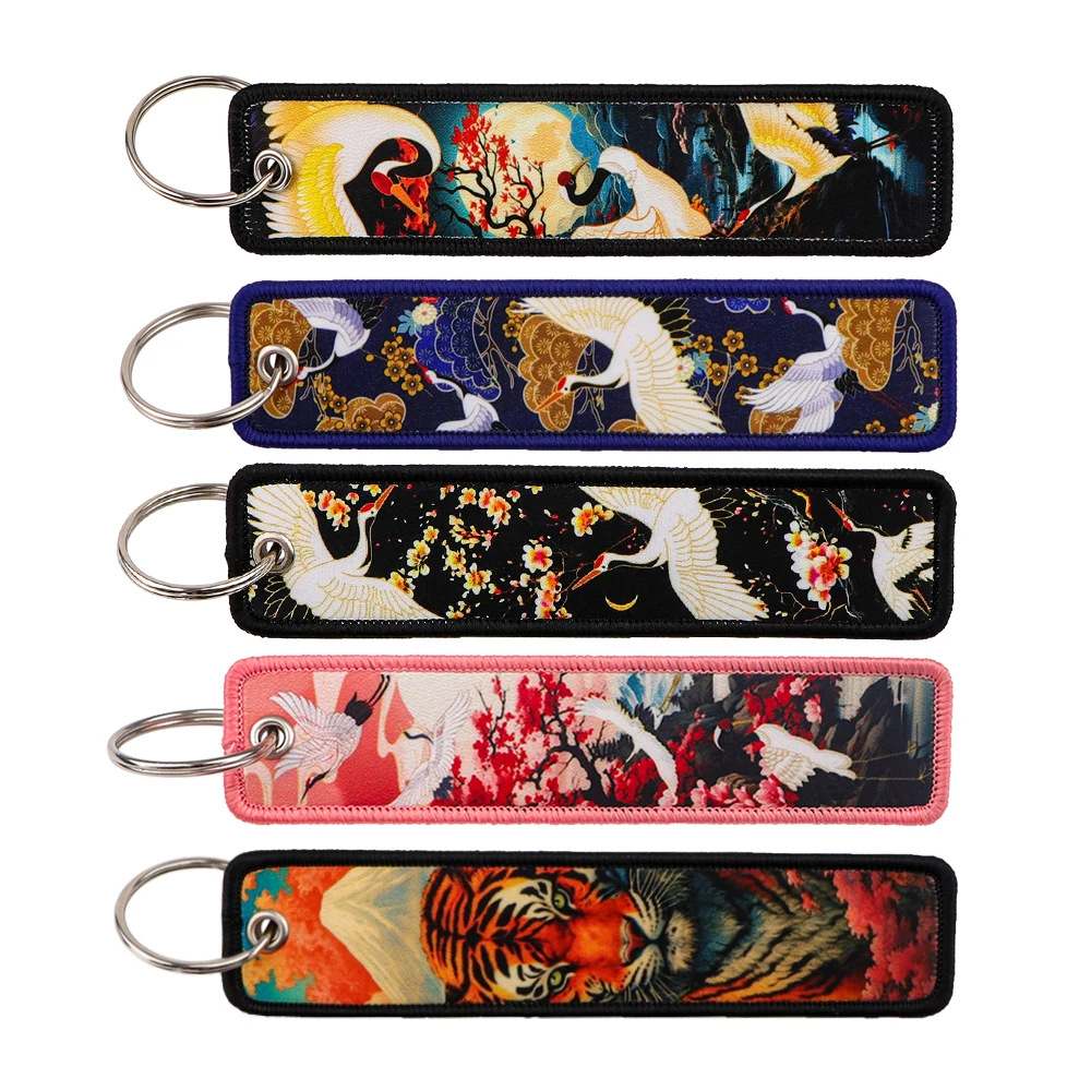 Crane Art Painting Keychain for Motorcycles Printing Key Fobs Holder Key Ring Women Men Key Tags Jet Tag Accessories Gifts