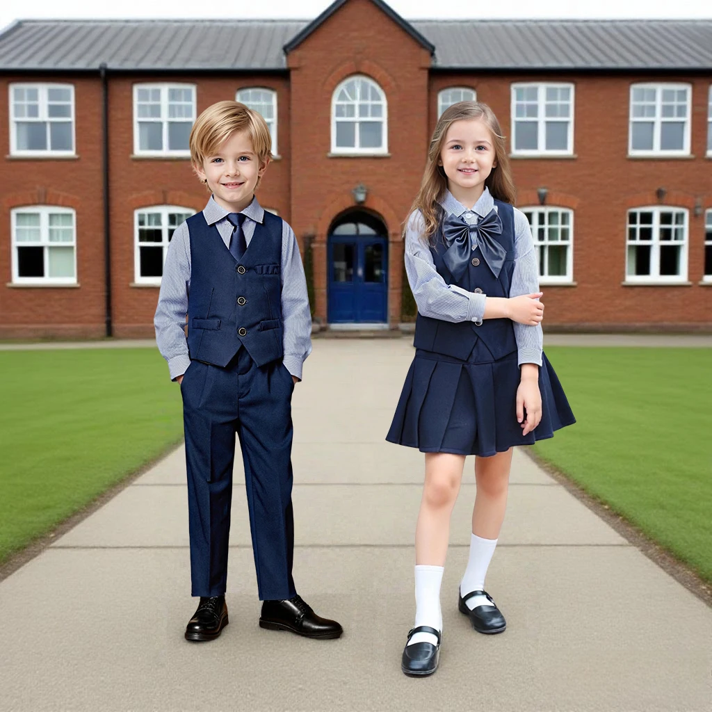 Kids Uniform for Boys Girls Vest 4 PCS Long Sleeve Autumn Back to School Clothing Set Teenage Preppy Style Daily Fashion Dress