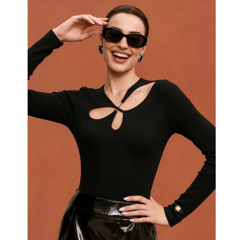 

Elegant Holllow Out Slim Fit Women Black Bodysuit Long Sleeve Y2k Sexy Fashion Spring Playsuits Solid Casual Jumpsuit Clothing