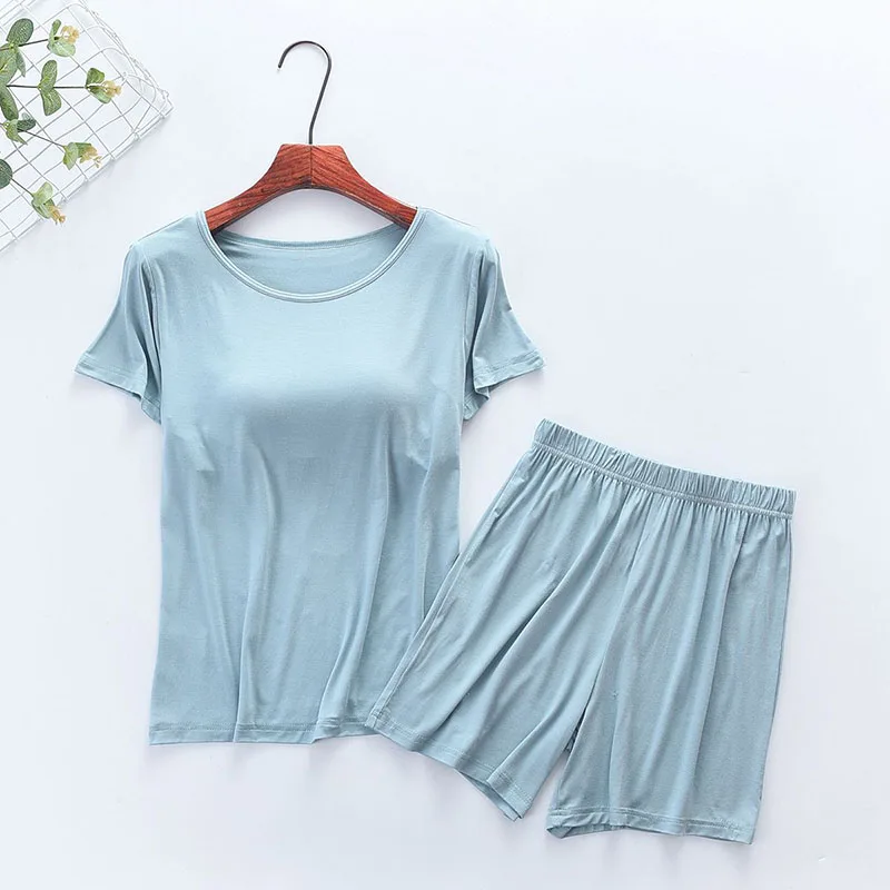 Sanderala Modal Pajamas Sets Sexy Women Padded Top Long Sleeve O-neck T-Shirt All Match Tee Long Johns Bra-T Homewear Striped