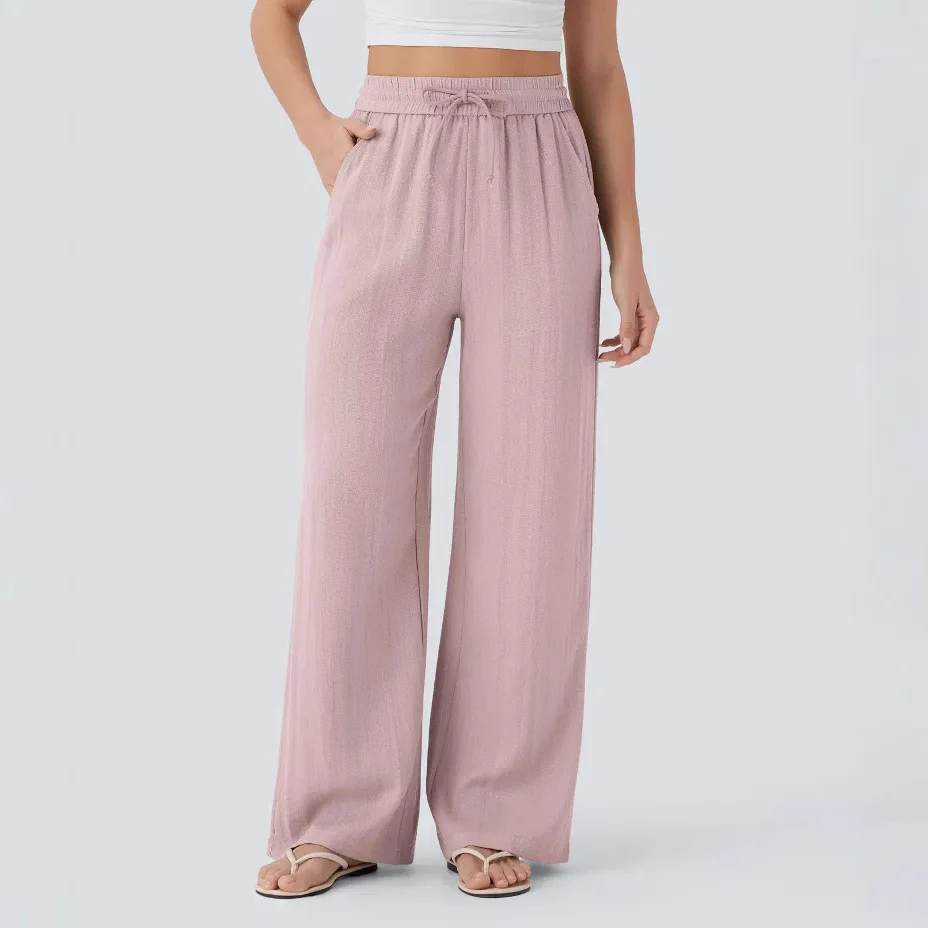 Flowy Wide Leg Linen Pants High Waist Elastic Drawstring Side Pocket Beach Casual Trousers