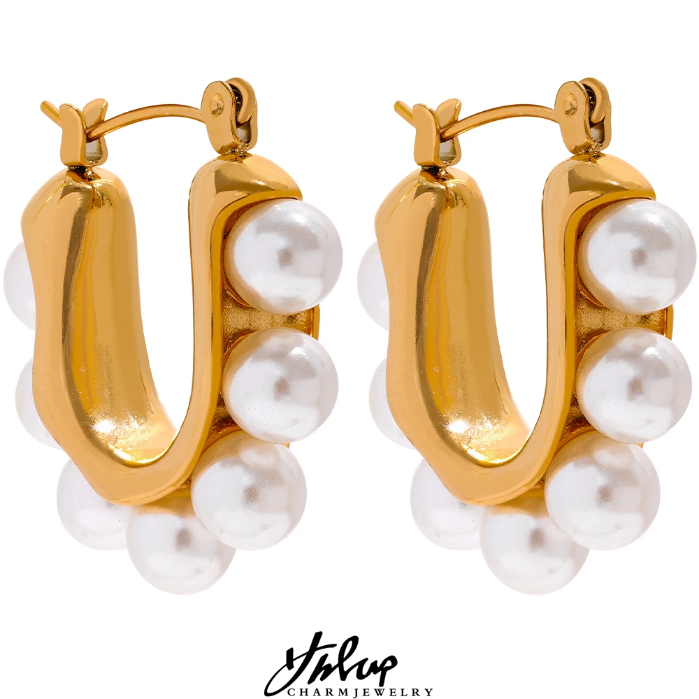 Yhpup Elegant Imitation Pearls Geometric Stainless Steel Huggie Hoop Earrings 18K Gold Color Waterproof Charm Trendy Jewelry