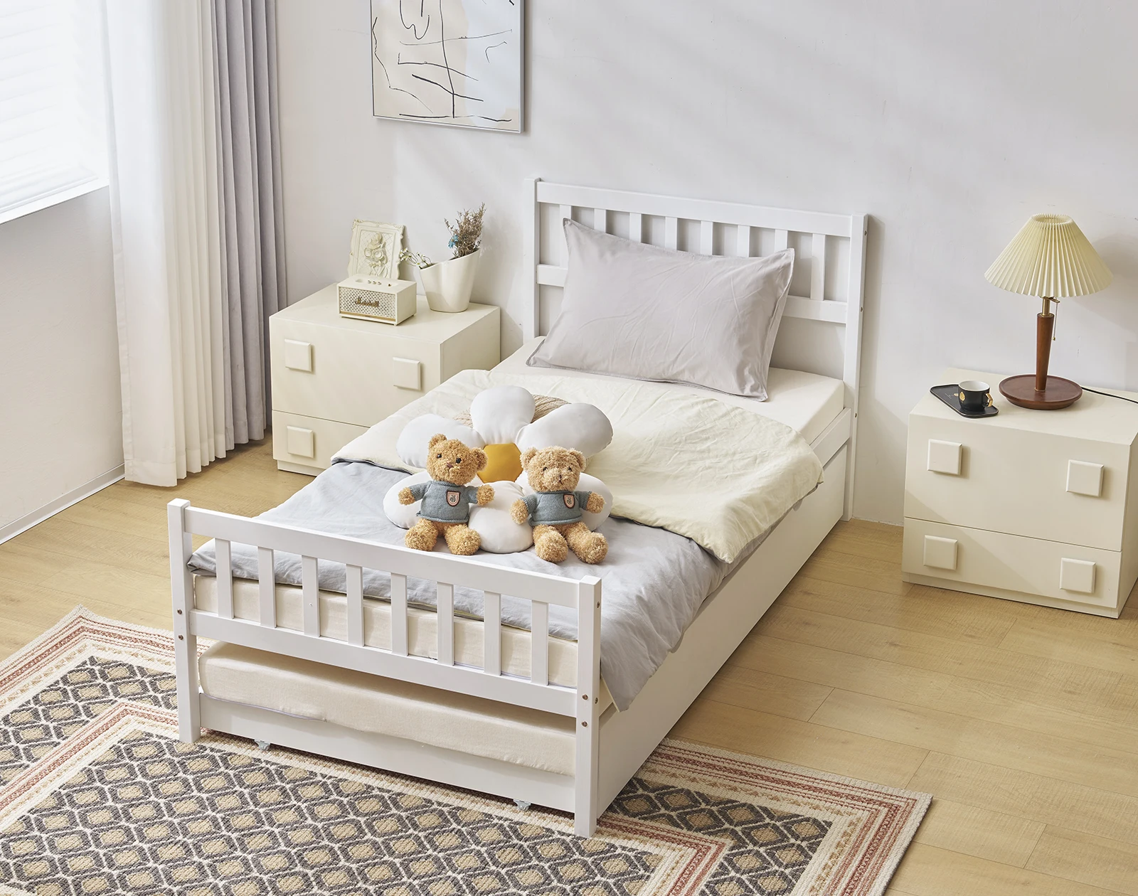 Litera individual con cama de arrastre, cama de madera doble blanca, tablero de partículas de pino, cama de arrastre