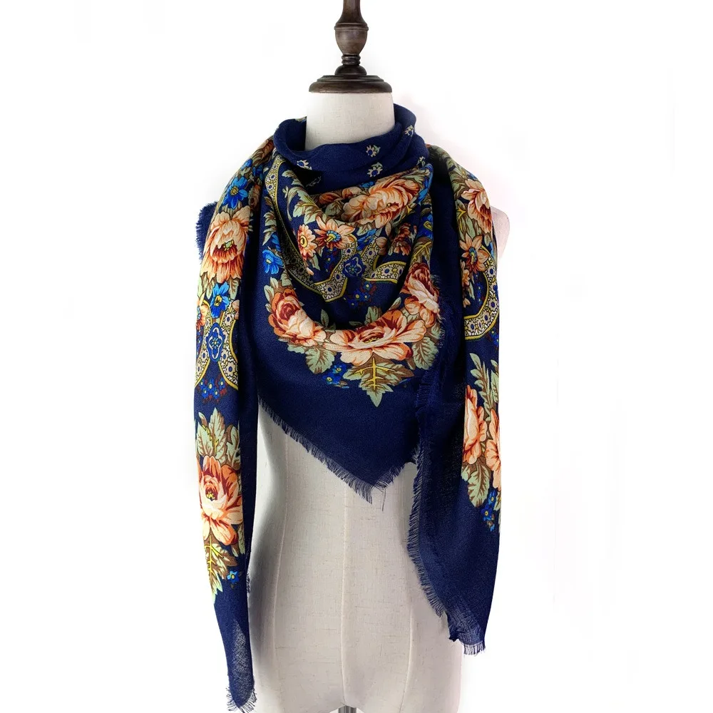 130×130cm Women's Shawl Scarves Thin Breathable Russian National Square Scarf Floral Print Luxury Ethnic Shawl Bandana Summer