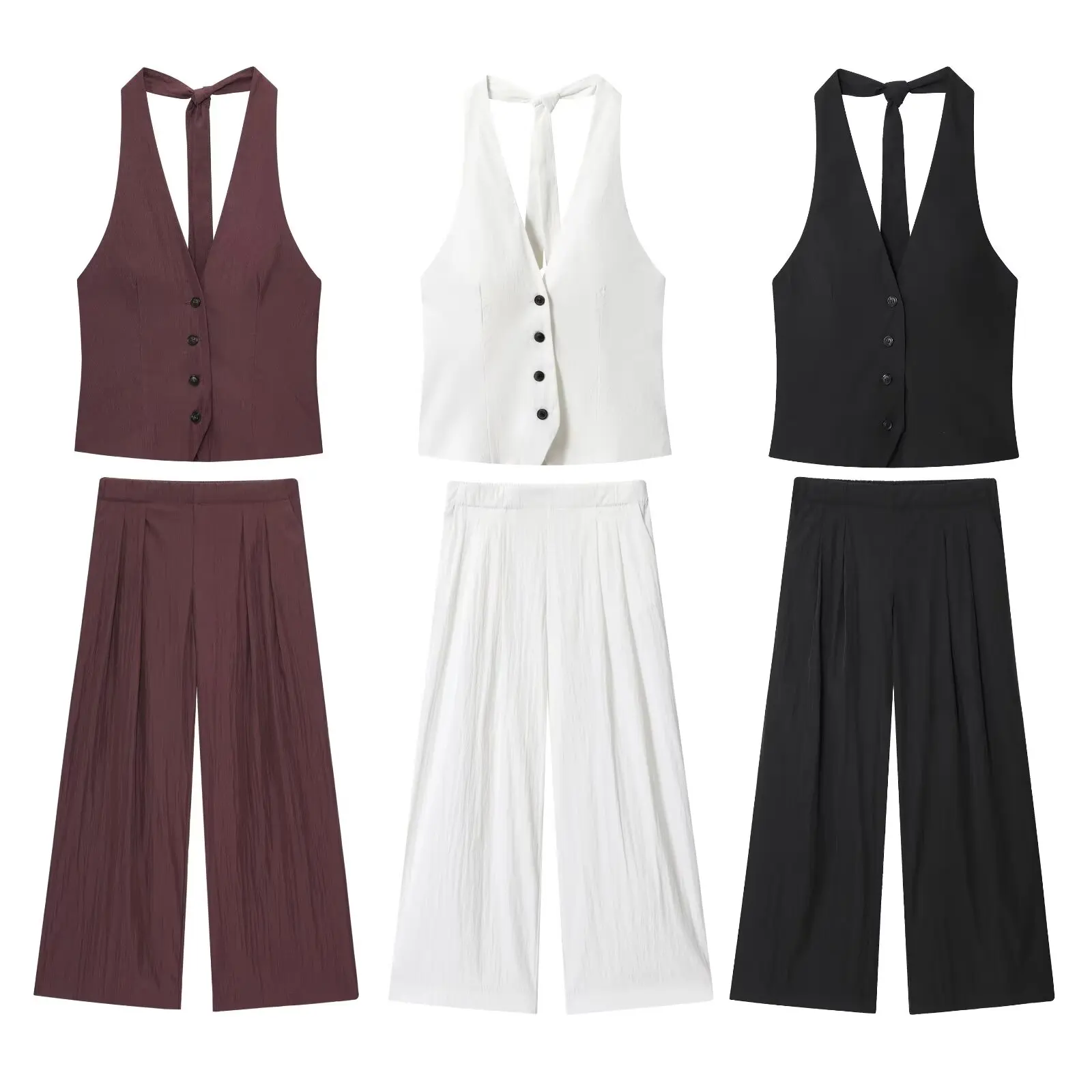 Conjunto de duas peças de moda primavera nova para mulheres com colete deco com nó de borboleta e calças de perna larga e...
