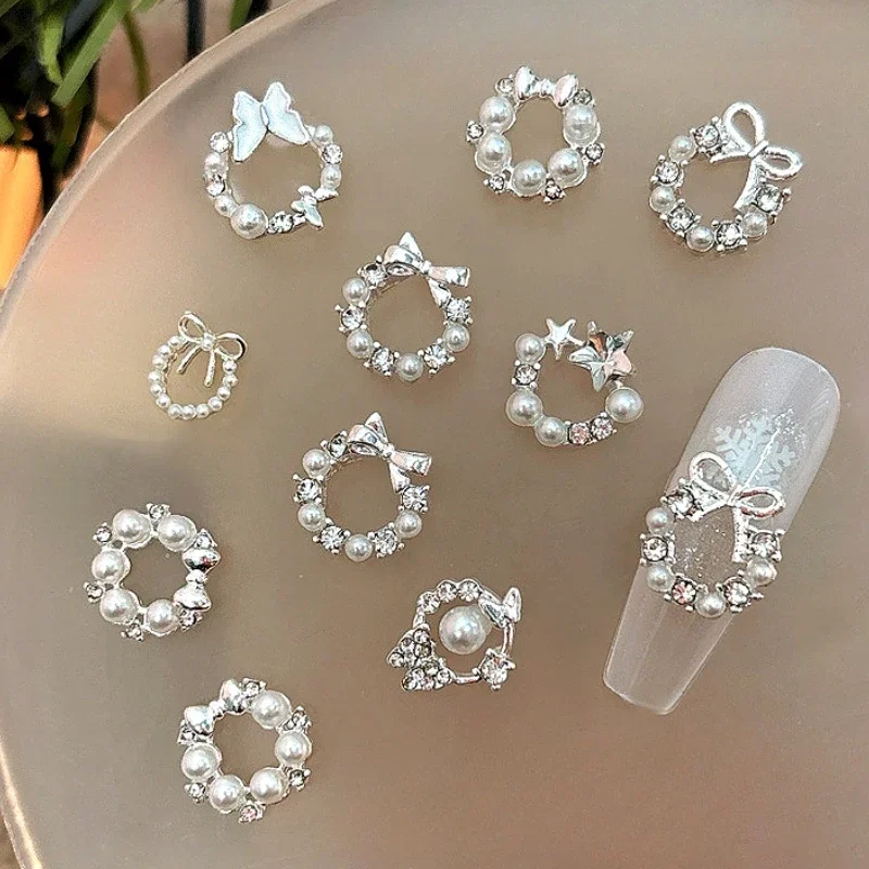 

Плоский жемчужный венок со звездой и бантом, бабочка, стразы, рождественские украшения из металлического сплава кои, украшения для дизайна ногтей, аксессуары для маникюра