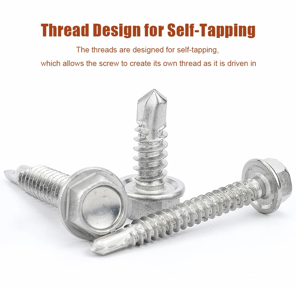 5/10/20 قطعة مسامير الحفر الذاتي برأس الغسالة السداسية 410 مسامير TEK من الفولاذ المقاوم للصدأ # 8 # 10 # 12 # 14 مسامير معدنية ذاتية التنصت
