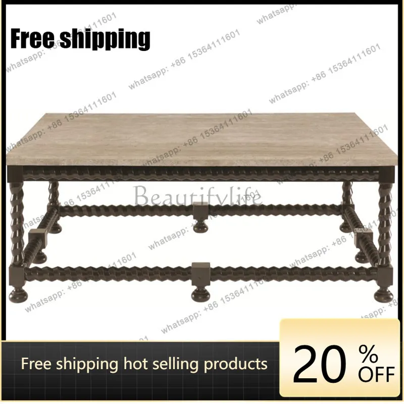 Zj. American country retro old square coffee table side table living room solid wood carving flower
