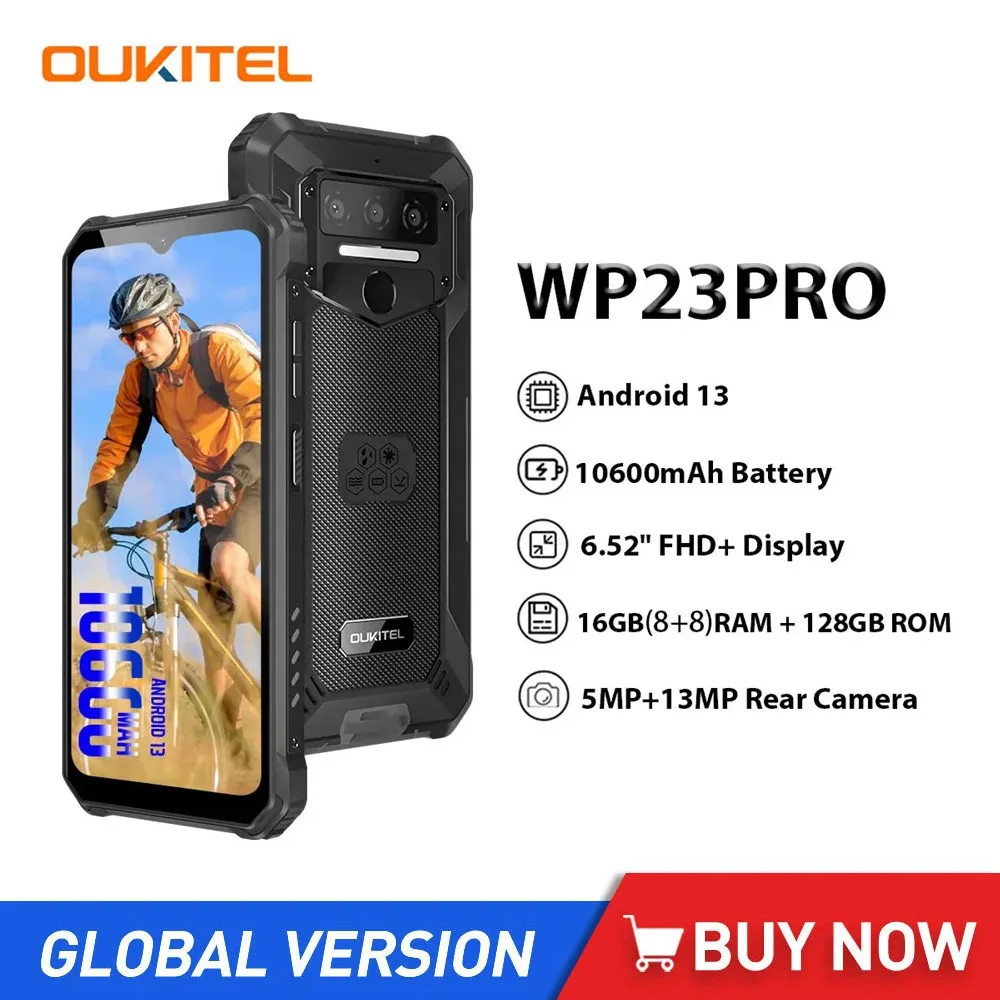 Oukitel-Smartphone WP23 Pro étanche et robuste, téléphone portable 4G, Octa Core, 8 Go + 128 Go, 6.52 pouces, HD, Android 13, 10600mAh, appareil photo 13MP