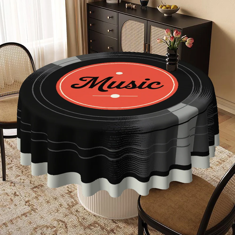 1 piece of 2D flat tablecloth, round tablecloth, black and red color scheme, featuring a music-themed vinyl record patternxzj