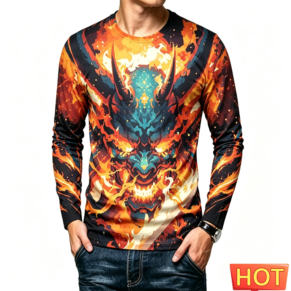 Men's T Shirt Japanese Ghost Warrior Pattern Print Long Sleeve T-shirt Casual O-neck Tops Hip Hop Trend Streetwear Oversized Tee