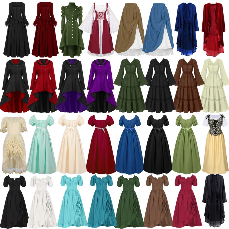 Abito da donna a corsetto attillato stile Renaissance Cottagecore, monospalla, plissettato, lunghezza media, da sera, da principessa
