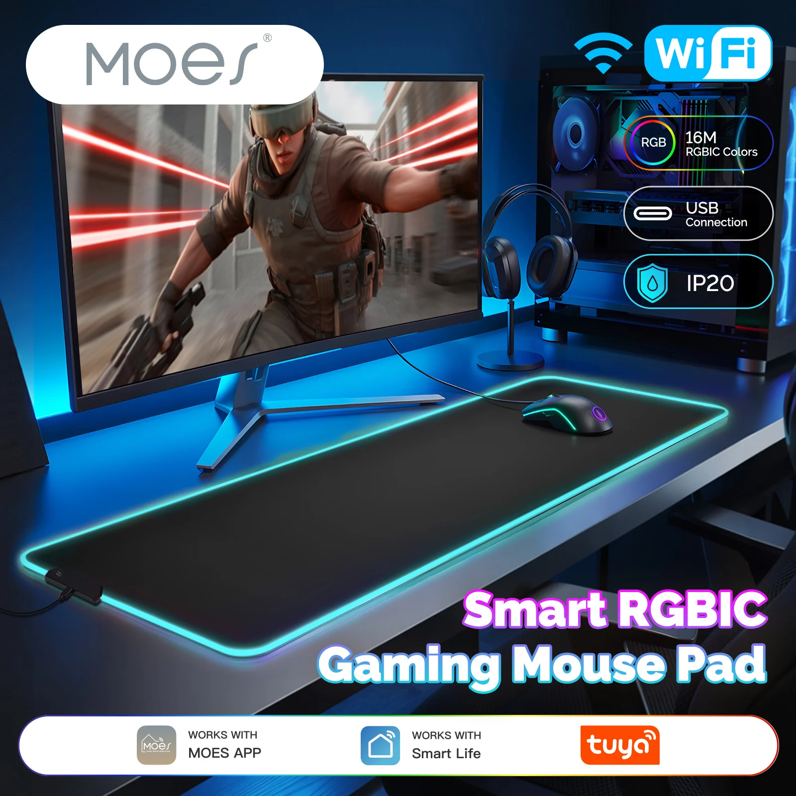 

MOES Tuya WiFi Smart LED Mouse Pad RGBIC 16 Million Color Light DIY Atmosphere Desk Carpet Waterproof Mat For Gaming PC Computer