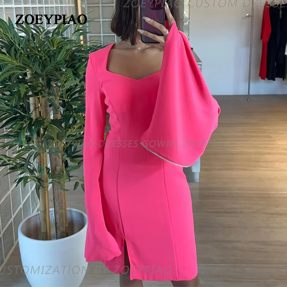 

Hot Pink Short Evening Dress Prom Dresses Full Sleeves Arabia Women's Gowns Cocktail Formal Occasion Dresses Wedding Party Dress