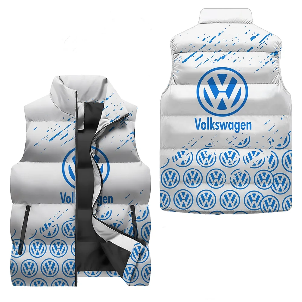 3D Blue Volkswagen logo printed white blue gradient vest, 2025 men's new autumn and winter thick windproof trendy vest