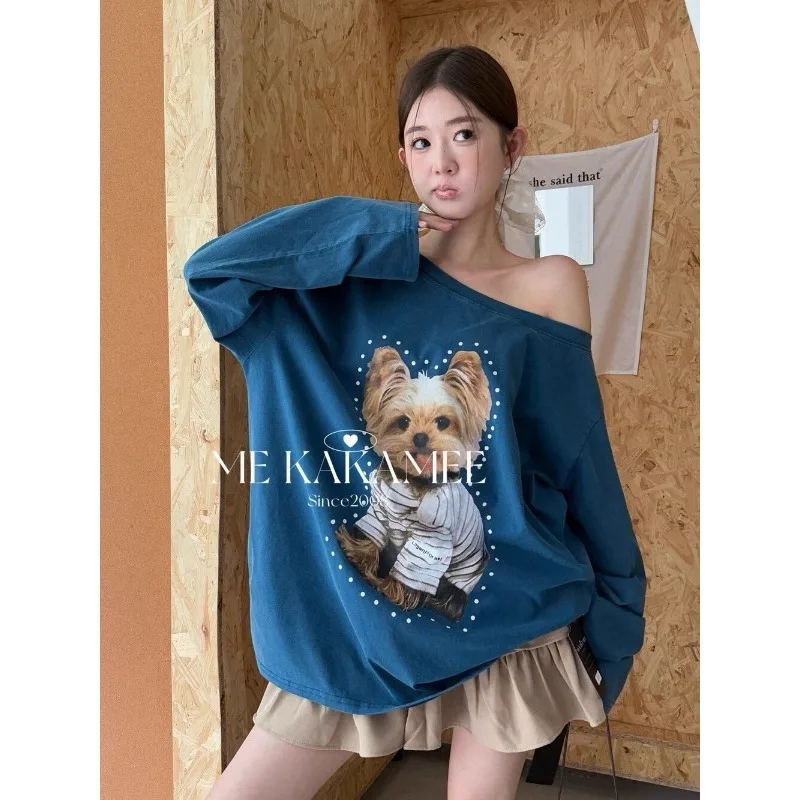 Pullover Cartoon Print Off-shoulder Long-sleeved T-shirt Women's Casual Commuting Top