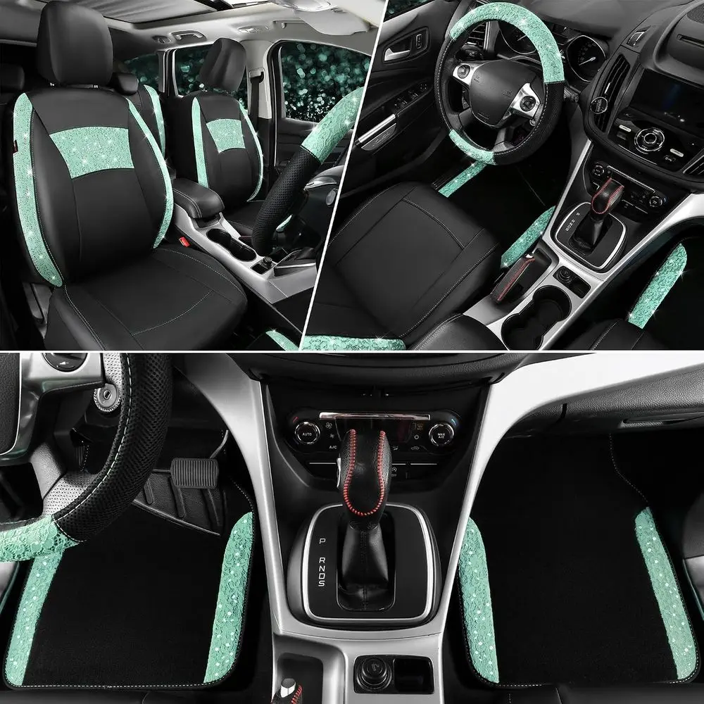 Leather Seat Covers and Waterproof Floor Mats for Women's Car Interior, 10-Piece Set
