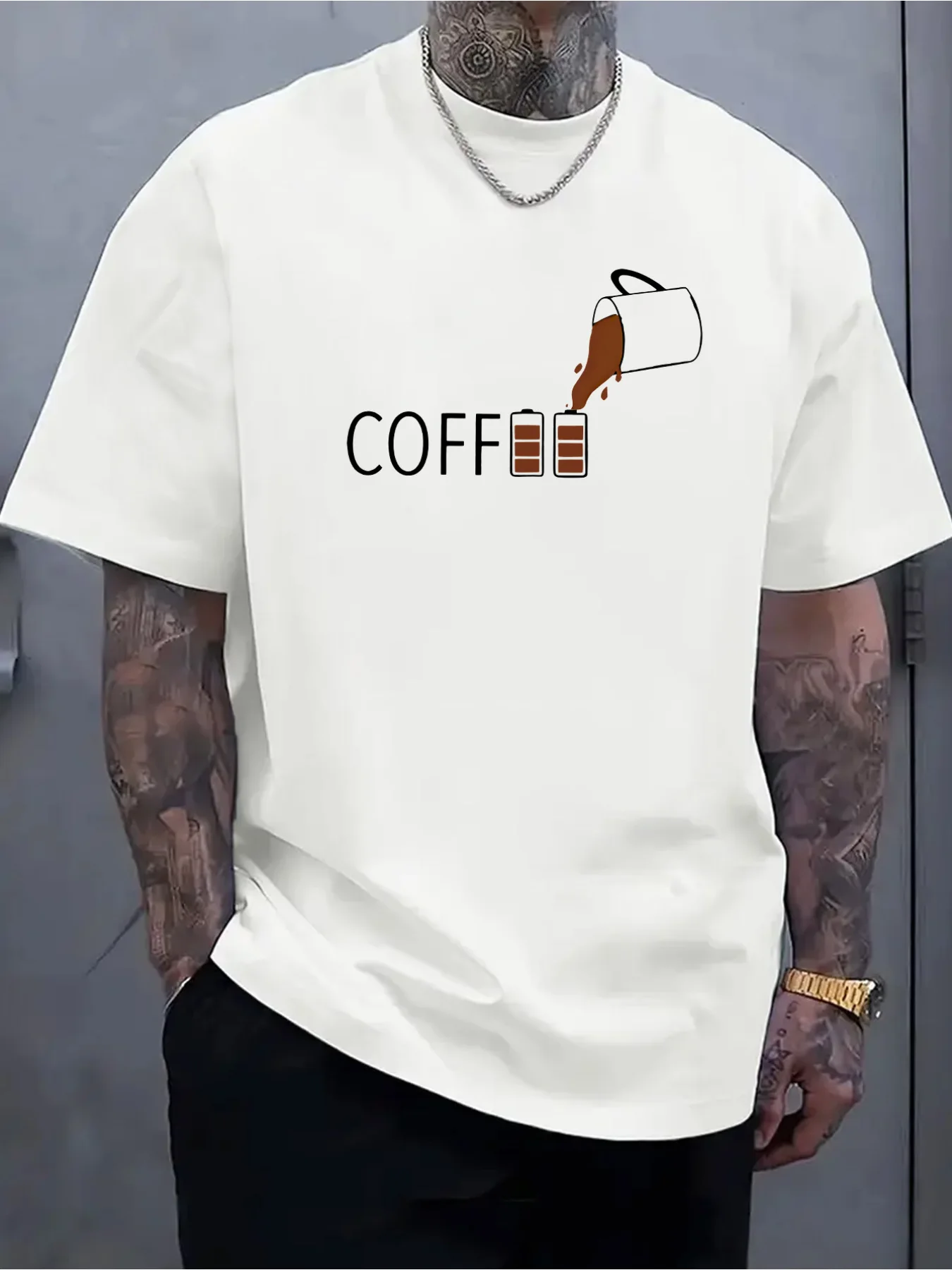 Plus Size-Summer New Men'S Casual T-Shirt | Ribbed Crew Neck, Short Sleeve, Fabric, Refreshing And Comfortable, Coffee Cup Patte