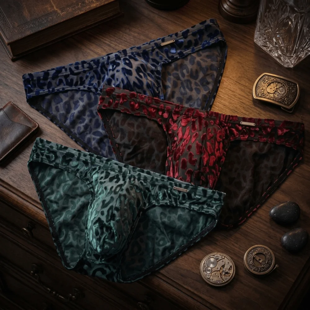 Comfortable Ice Silk Men Briefs Mesh Lingerie Sheer Underwear Convex Pouch Low Waist Leopard Print Panties Male
