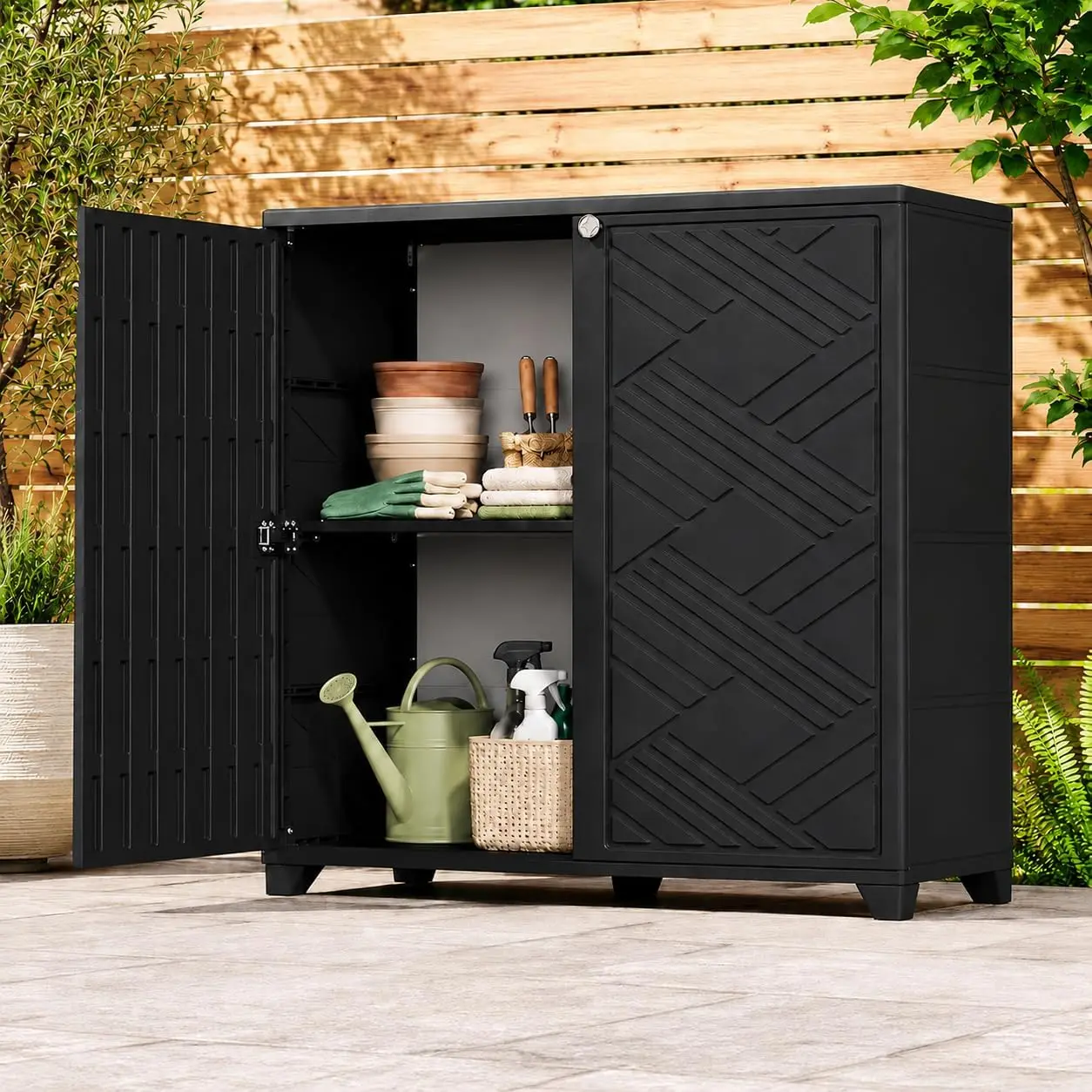 Outdoor Storage Cabinet Waterproof Resin Deck Storage Box Organizer Unit With Adjustable Metal Shelf Double Doors Upright Tool Cabinet For Garden Patio Pool Porch Garage Grey Black 1 Pack