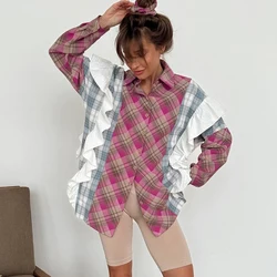 Autumn Fashion Loose Plaid Women's Shirt Vintage Lapel Long Sleeve Blouses Elegant Classic Ruffle Tops Female Clothing