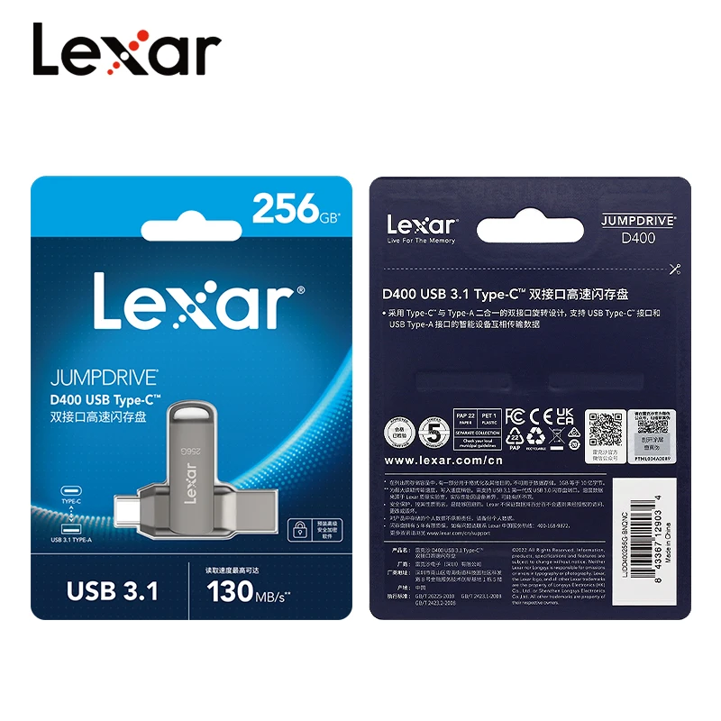 Lexar Dual Drive D400 USB3.1 Type-C USB Flash Drive 256GB 128GB 64GB 32GB Memory Stick Pendrive for Cellphon Computer TV Mac Win