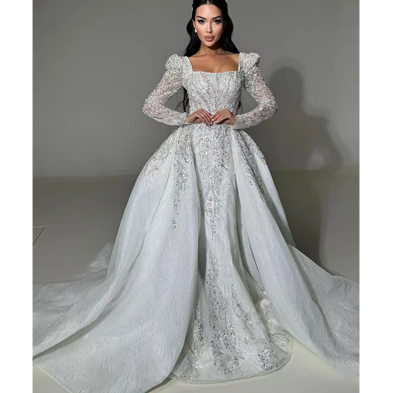 

Luxurious Detachable Train Wedding Dress Embroidered Lace With Beading Mermaid Ball Gown Square Collar Full Sleeve Customized