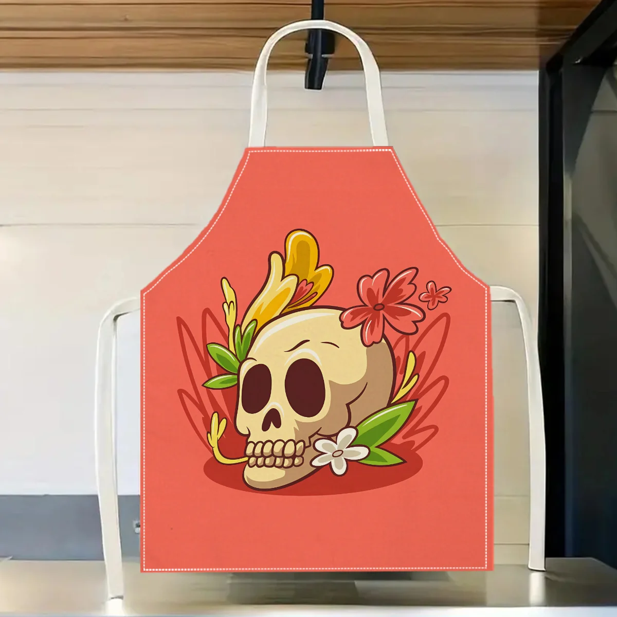 Sugar Skull Flowers Apron Vintage Floral Skeleton Kitchen Cooking Baking BBQ Chef Gothic Gift For Women Men Linen Bib Apron