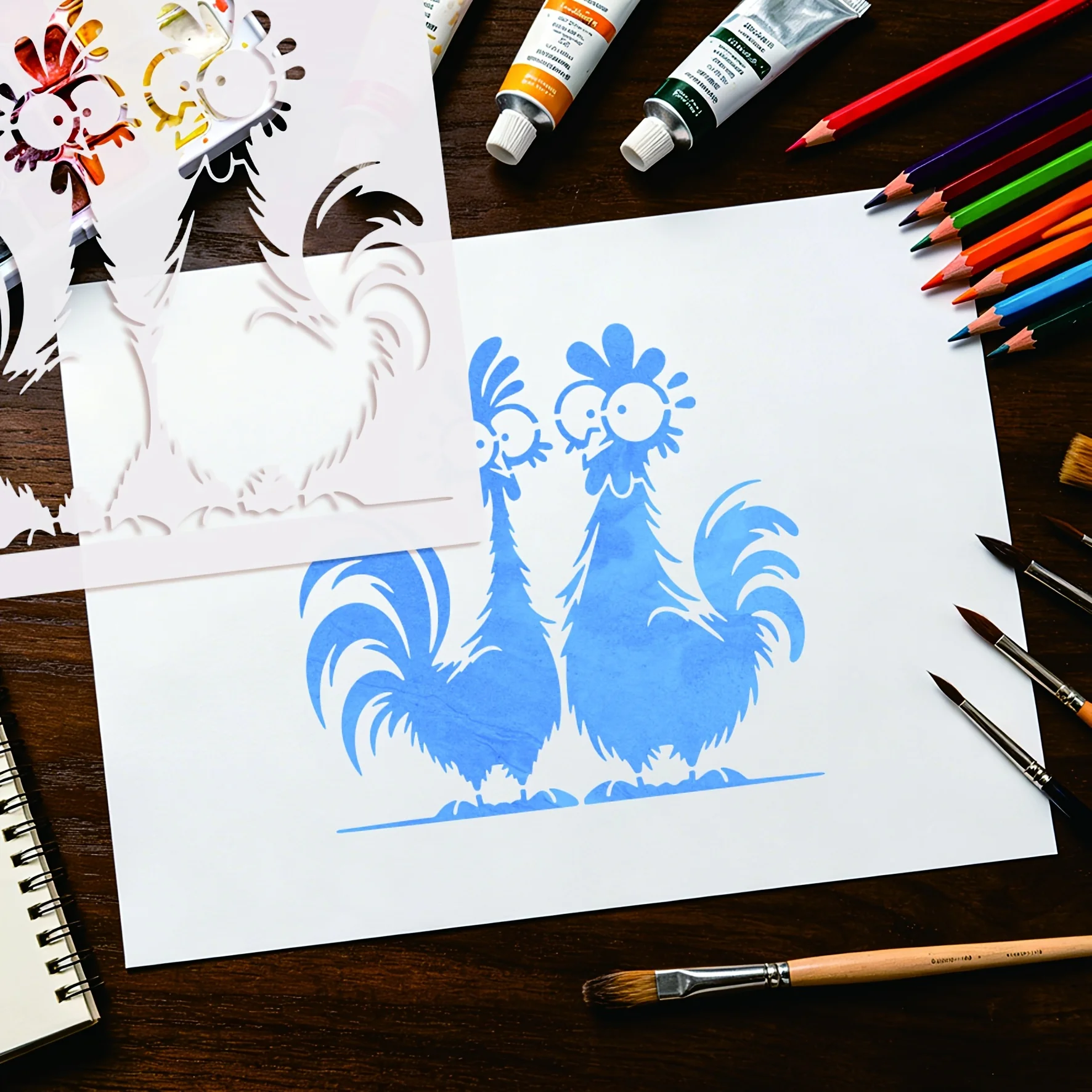 1PC Chicken Stencil 7.87 x 7.87 in Funny Rooster Painting Template, Farmhouse Chicken Stencils for Painting, DIY Wall Wood Sign