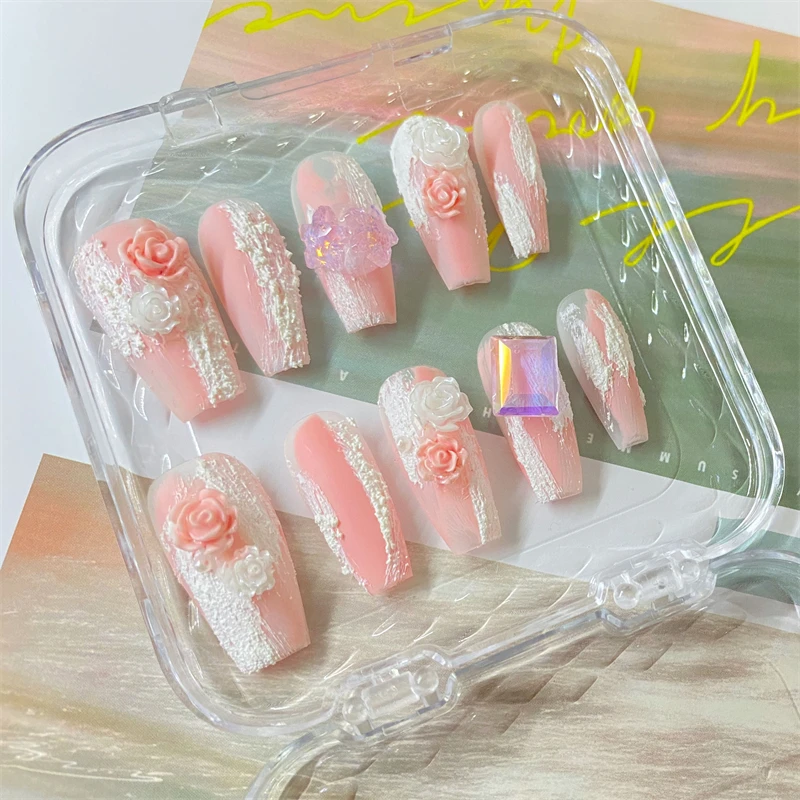 10Pcs Long Handmade Press on Nails Wearable False Nails Full Cover Oil Painting Decoration Manicure Fake Nail Tips Full Cover