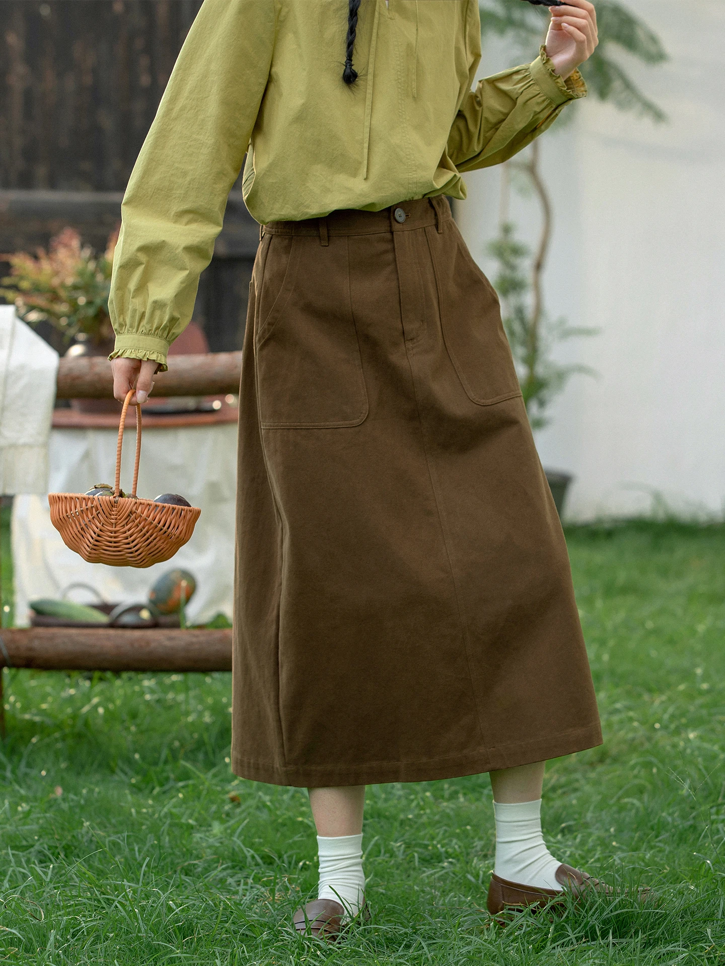 

Оригинальная женская юбка миди из чистого хлопка коричневого цвета, повседневная, весенне-осенняя, с высокой талией, на молнии сзади, с разрезом, А-силуэт