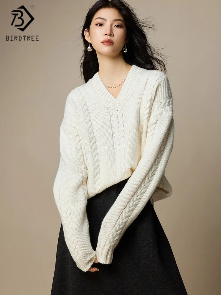 

Birdtree,100% Merino Wool Twisted Knitted Sweater,Woman V-neck Bottoming Knitwear,2025 Autumn/Winter Pullover,White T5O825JF