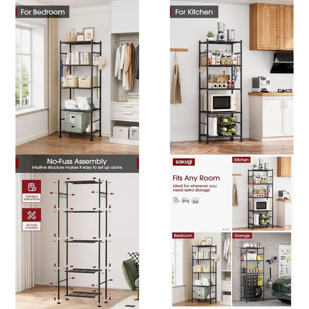 

5-Tier Heavy-Duty Storage Rack with Hooks, Garage and Home Organizer, 18.1x12.4x56.8, Black