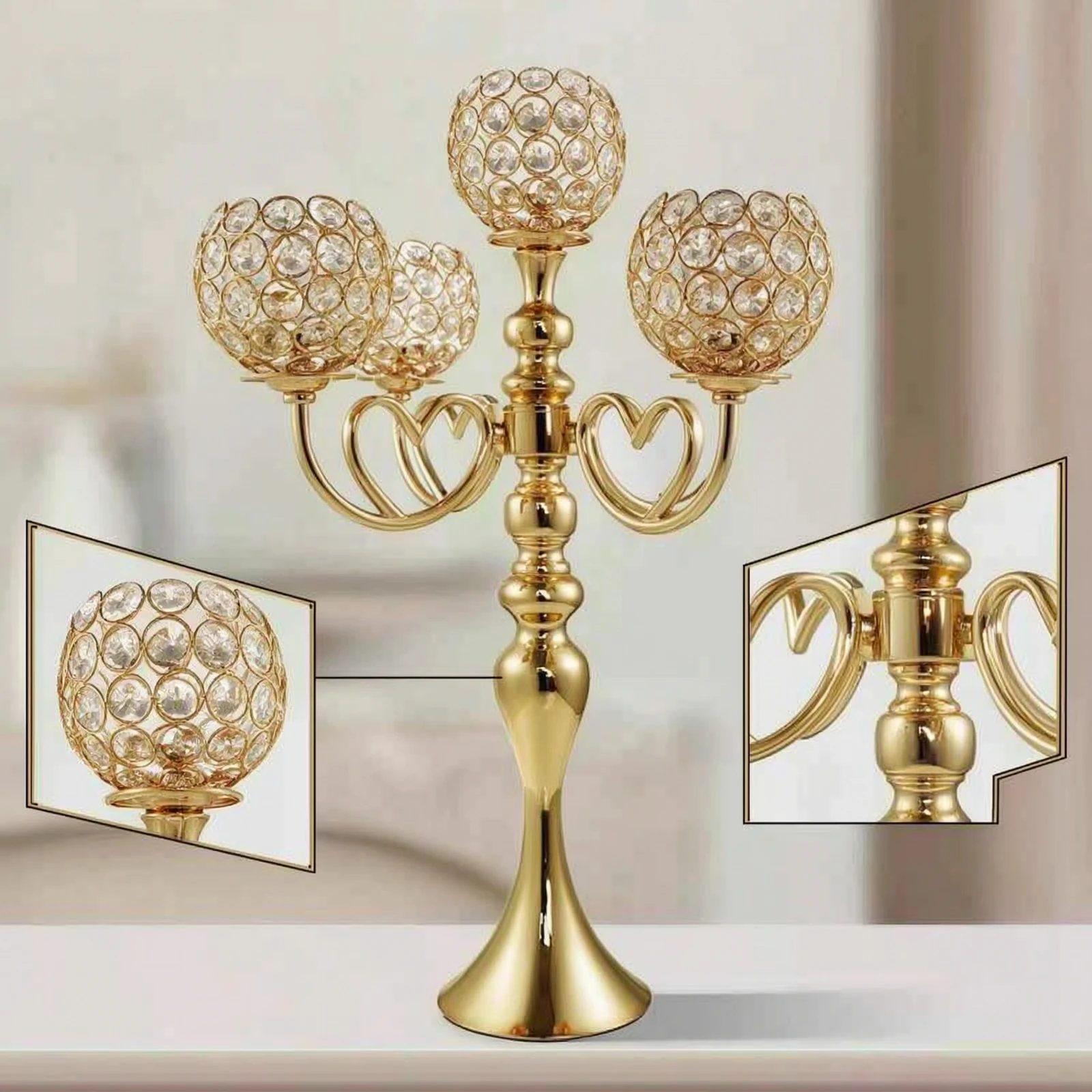 Candelabra with Crystal Beads Decorative Candelabra Centerpiece Candle Holder with Crystal Bowls Shiny for Wedding Planners