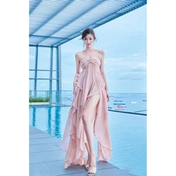 Summer Fashion Chiffon Sling Dress Women Elegant Beach Style Solid Halter Backless Long Dress Women