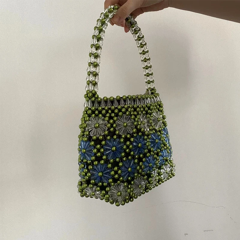 Vacation Beaded Evening Party Clutch Bag Women Luxury Handmade Woven Purses Handbag Fashion Ladies Flower Design Top-Handle 2023