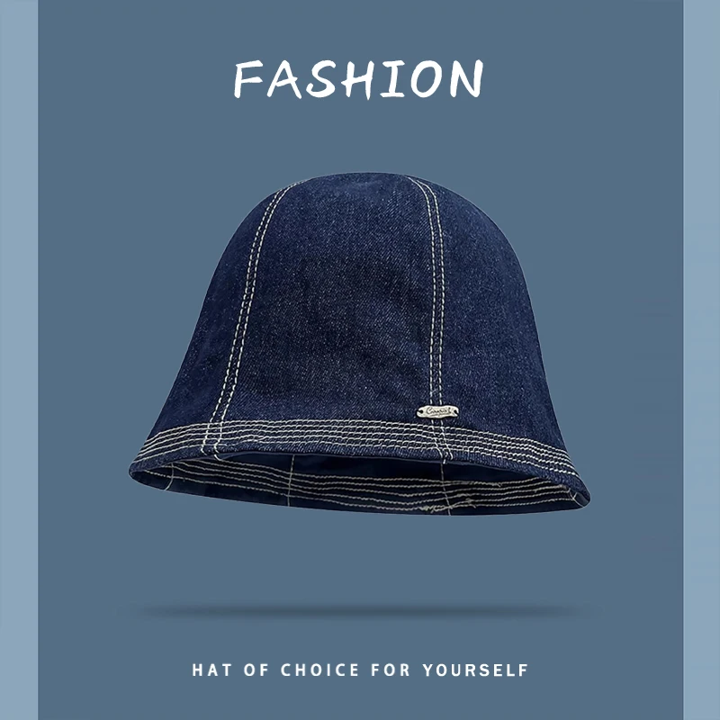Retro Bright Thread Sewn Short Brim Denim Basin Caps for Men and Women Summer Street Leisure Sun Protection Versatile Bucket Hat