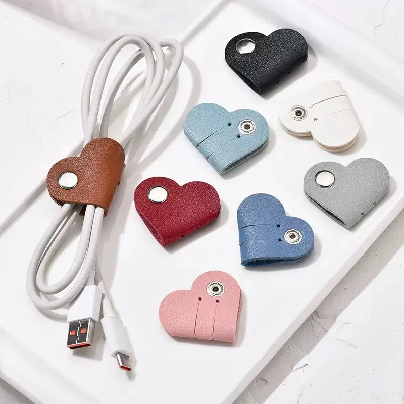 Organisateur de câbles de données multifonctionnel en cuir PU, clip de rangement en forme de cœur pour câbles, clip de bobinage pour écouteurs filaires
