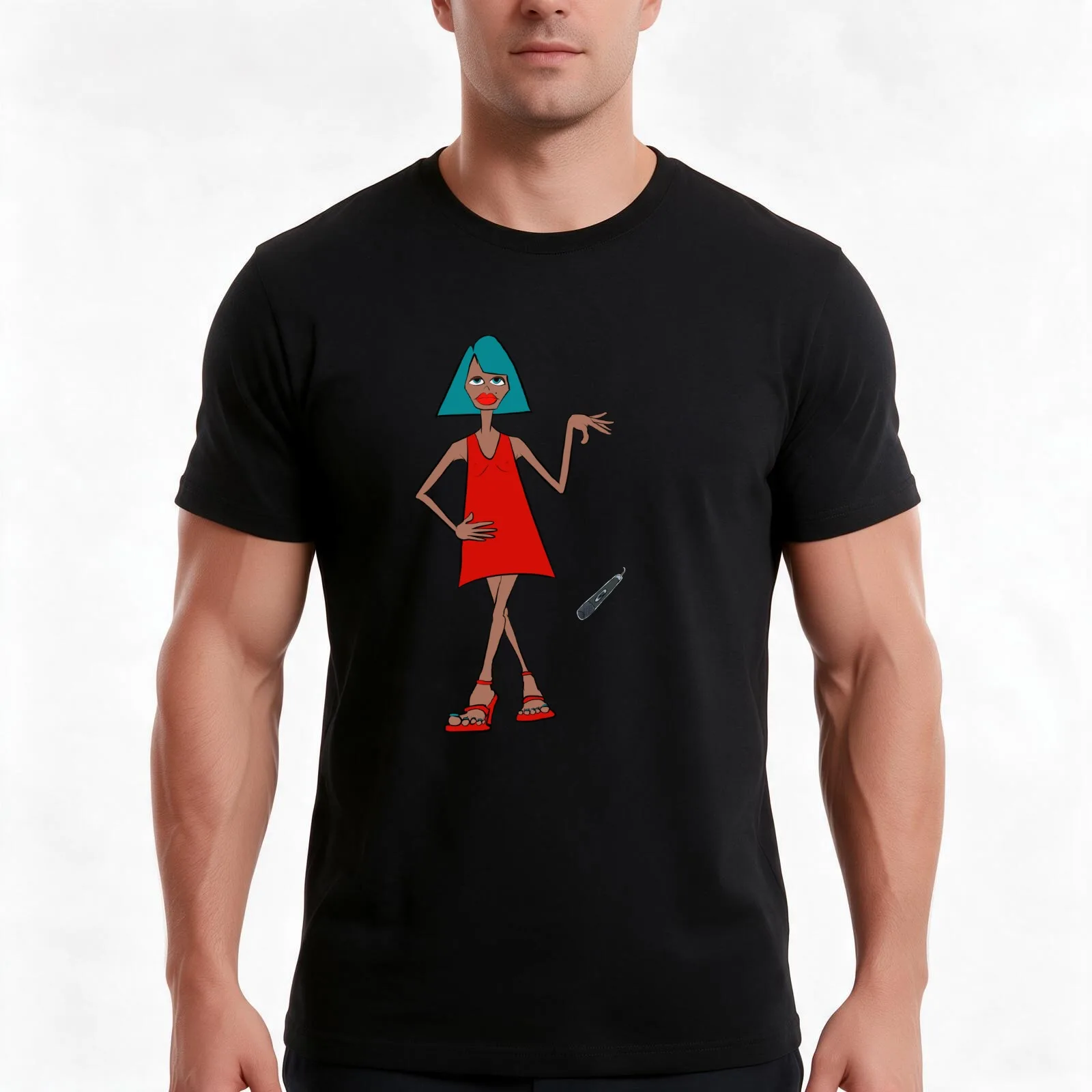 Mulher de vestido vermelho, Mic Drop. Camiseta de verão, casual, de algodão, unissexo, para homens e mulheres.