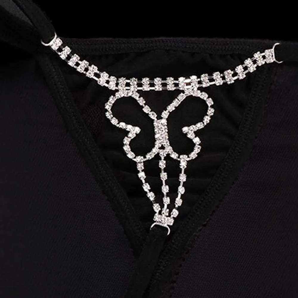 Fashion Sexy Hollow Butterfly Thong Panties Rhinestone Jewelry for Women Rhinestone Elastic G String Waist Bikini Swimsuit Gifts