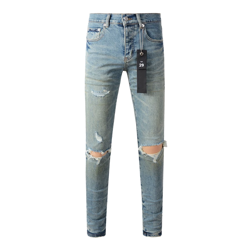 Men's Distressed Light Indigo Stretch Skinny American Streetwear Button Fly Ripped Holes Jeans Pants