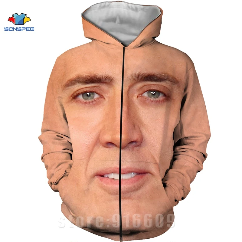 Harajuku Zip Hoodie Hot Sales Nicolas Cage Hoodies 3D Print Funny  Crazy Face Hoodie Hip Hop Sweatshirt Zipper Men Women Coat