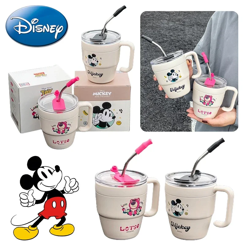 Disney Mickey Tumbler with Handle Straw Lid Stainless Steel Cute Vacuum Insulated Car Mug Double Wall Thermal Iced Travel Cup