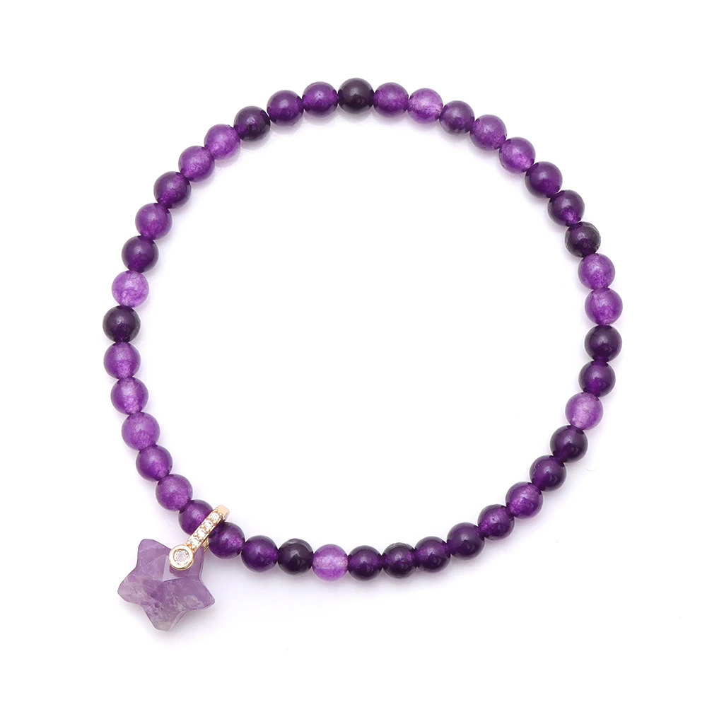 Lapis Lazuli Stone Star Charm Bracelet 4MM Small Aventurine Amethysts Jades Stone Bead Elastic Bangle Handmade Cute Jewelry Gift
