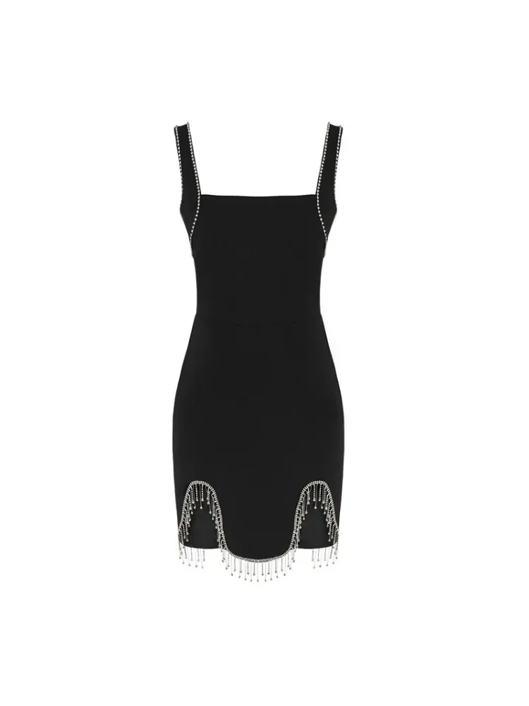 Sexy Mouwloze Slash Hals Diamanten Kwastje Ketting Uitgesneden Bandage Mini Bodycon 2024 Zomer Nieuwe Vrouwen Zwarte Celebrity Feestjurk