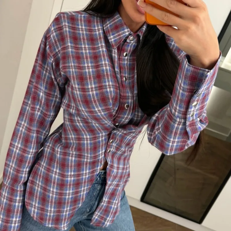 

Tsiisd Women's Plaid Printing Female Shirts Top Lace-Up Tapered Waist Commuting Patchwork Streetwear 2026 Blouse Women's Shirts