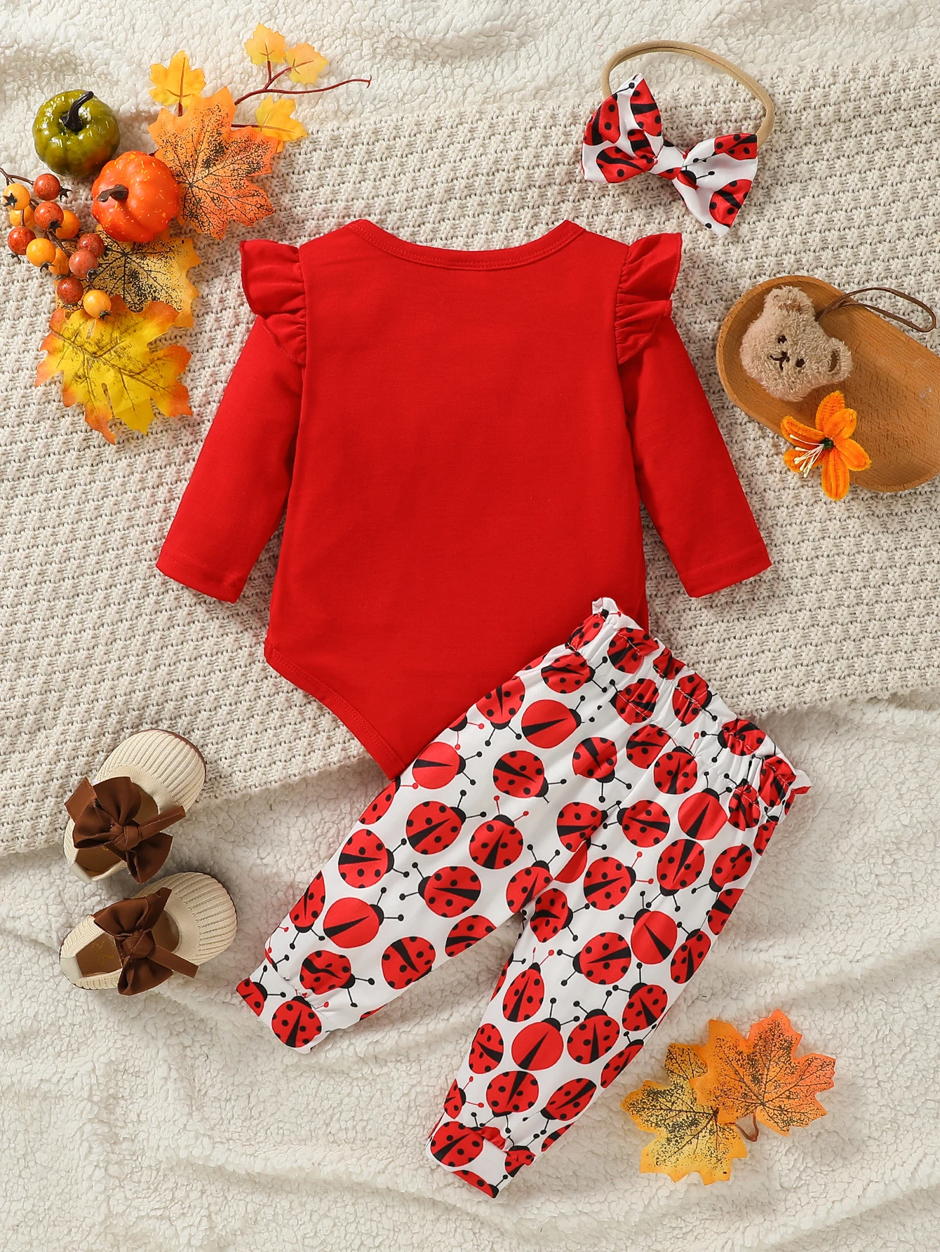 3pcs Baby Girl  Ruffle Long-sleeve Ladybird Letter Print Romper and Bowknot Trousers Set+Headband