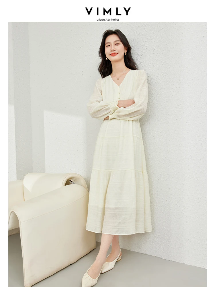 Vimly Apricot French Style V-neck Puff Sleeve A-line Dress Spring/Autumn Long Sleeve Party Evening Dresses Female Clothing M6181