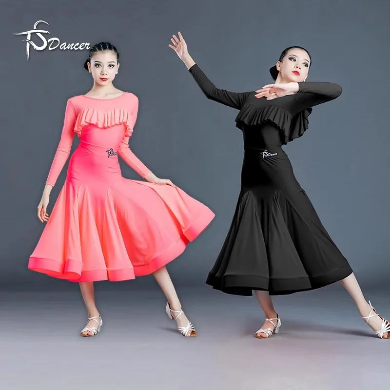 

Платье для латинских танцев по индивидуальному заказу для девочек, платье для современного танца, платье с разрезом, рюшами по краям, профессиональный костюм для бальных танцев